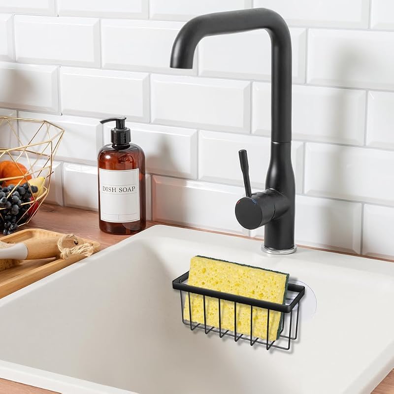 Kitchen Sponge Holder with Quick Drainage - Space-Saving Sink Caddy (Black)