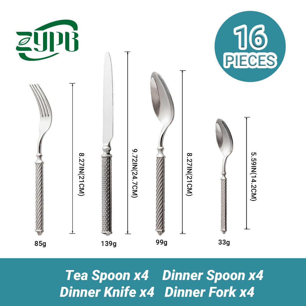 ZYPB 16-Piece Premium Silverware Set, Roman Rope-Pattern Flatware Crafted in 18/10 Stainless Steel, Elegant Silver Cutlery Set Service for 4, Heavy Duty Tableware with Mirror Polish, Dishwasher Safe