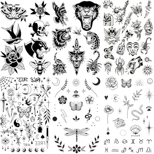 FUNTATTOO 6 Sheets Black Old School Temporary Tattoos Vintage Retro Fake Body Art