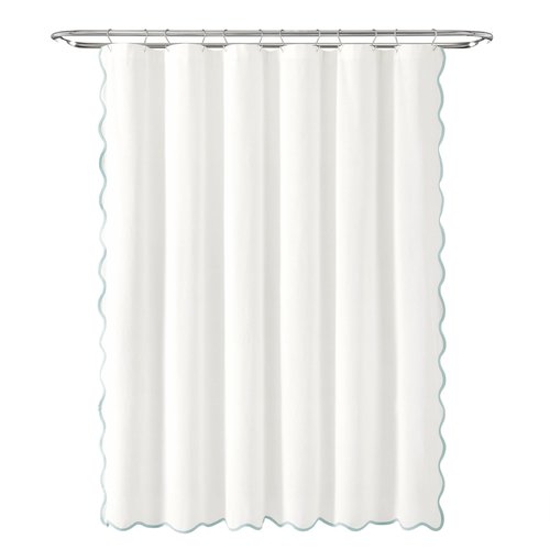 Lush Decor Coastal Chic Scallop Edge Linen-Textured Shower Curtain, Single 72" W x 72" L, Blue & White - Scalloped Shower Curtains - Coastal Bathroom Curtain