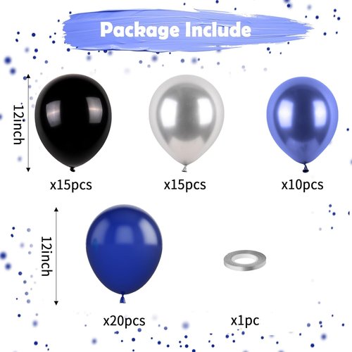 Blue & Black Balloons - Metallic Navy Blue & Silver Latex Balloons for Birthday & Baby Showers