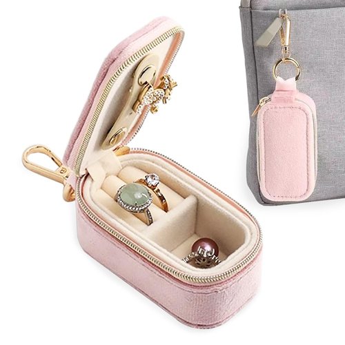 FCGOD Velvet Mini Travel Jewelry Case - 2-in-1 Ring Holder Keychain for Women, Portable Clutch Organizer for Earrings/Necklace, Wedding Party & Vacation Daily Storage Bag Gift for Her (Pink)