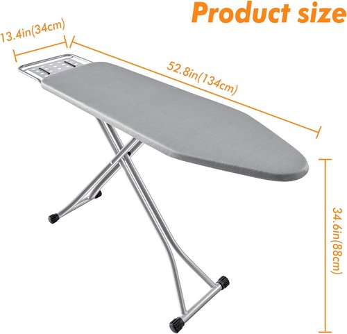 BKTD Ironing Board - Heat Resistant Cover with Steam Rest | Non-Slip, Foldable Design (13" x 34" x 53") - Silver Gray