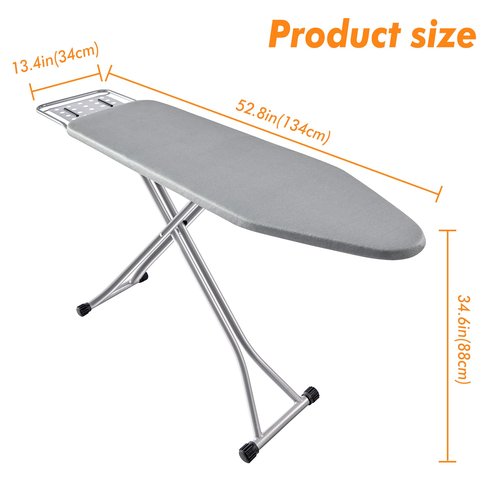 BKTD Ironing Board, Heat Resistant Cover Iron Board with Steam Rest, Non-Slip Foldable Ironing Stand. Heavy Sturdy Metal Frame Legs Iron Stand(13 * 34 * 53 Inches) (Silver Gray)