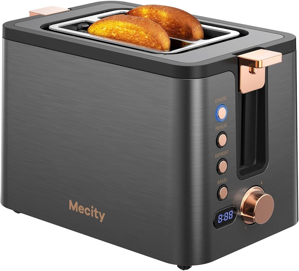 Mecity 2-Slice Stainless Steel Toaster - Extra Wide Slots, 6 Browning Settings & Timer | Grey Finish