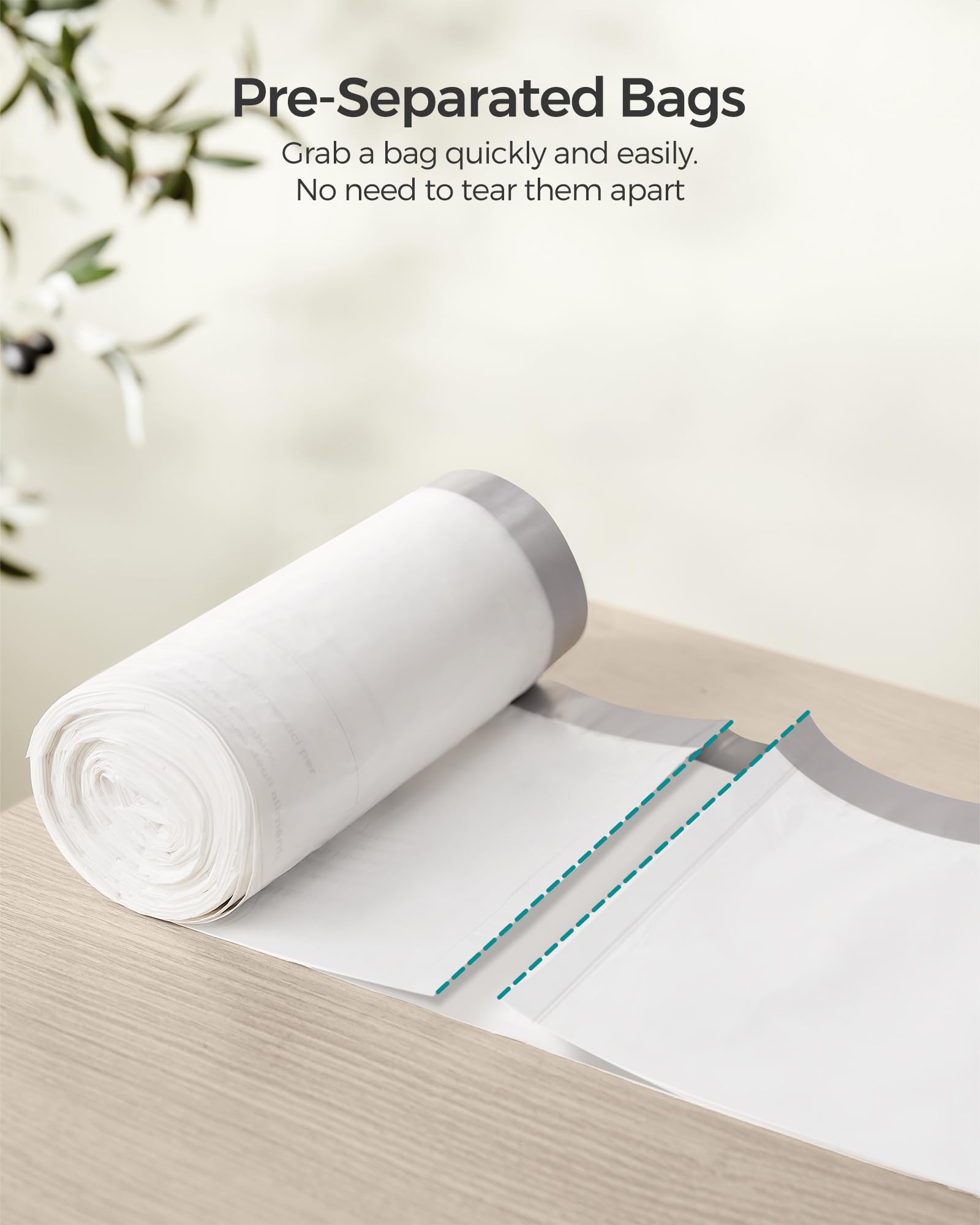SONGMICS Trash Bags for 12-14.5 Gallon (45-55L) Trash Cans,80 Count Drawstring Kitchen Garbage Bags, Pre-Separated, Liner Code 055A01, 2 Rolls,White UKRB055A02