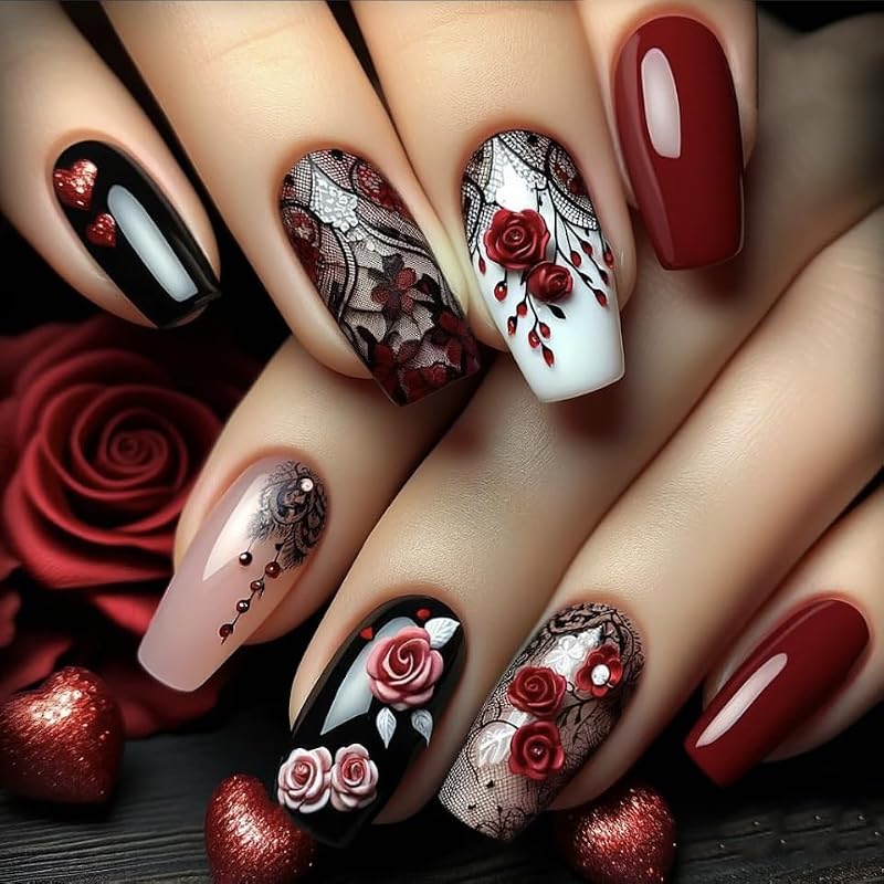 Valentine Press On Nails Medium Square Red Rose Heart Black Lace Acrylic