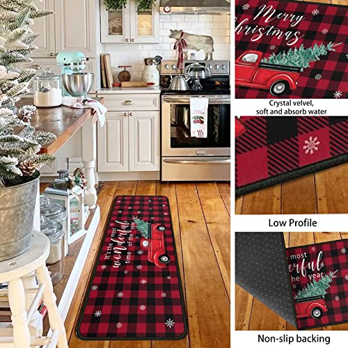 Christmas Red Truck Kitchen Rugs Set - Buffalo Plaid Non Slip Mat & Rug