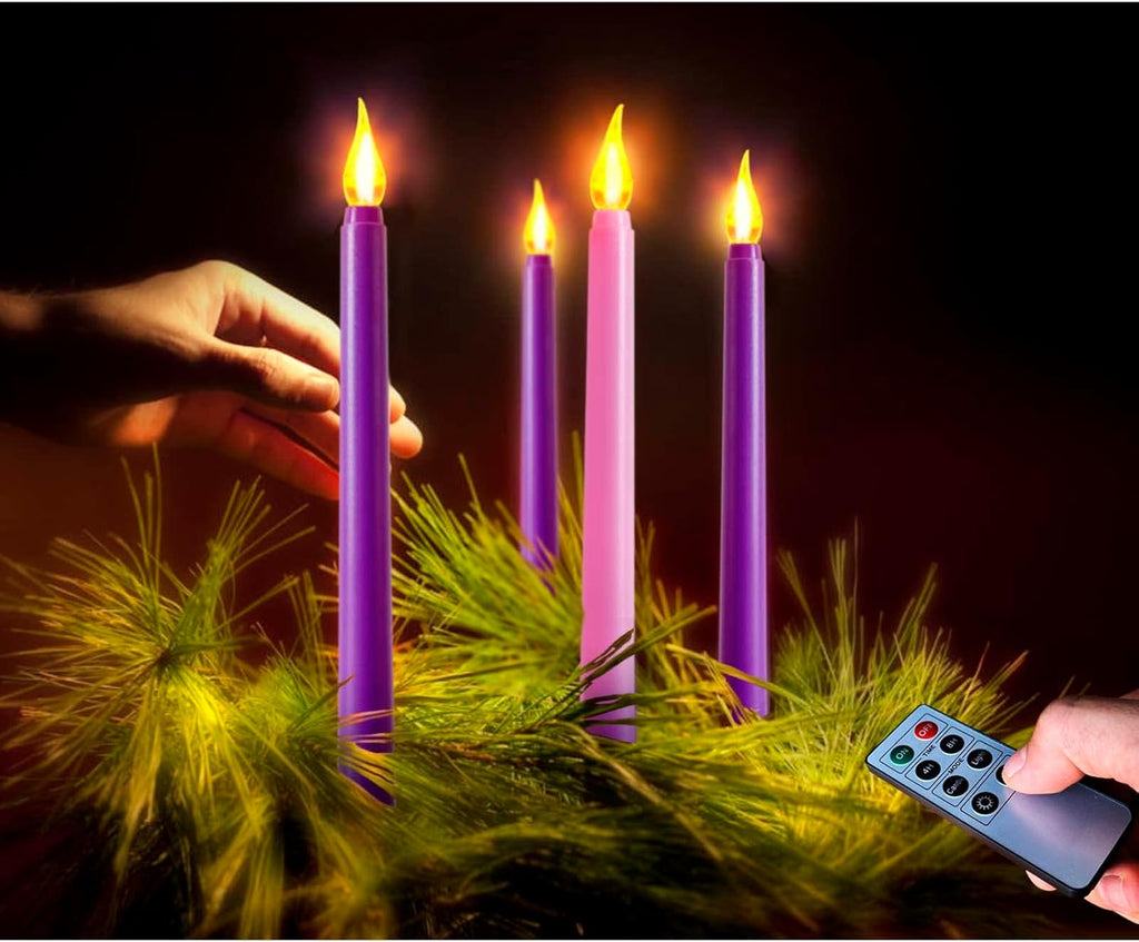 Regine Switzerland Flameless Taper Candles - Set of 4 Battery Operated, Flickering Purple & Pink for Home Decor