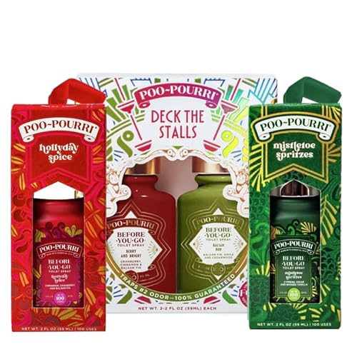 Poo-Pourri Before-You-Go Toilet Spray, Holiday Deck The Stalls Gift Set, Berry and Bright, Balsam Bum, Holiday Spice, Mistletoe Spritzes 2 oz, Pack of 4