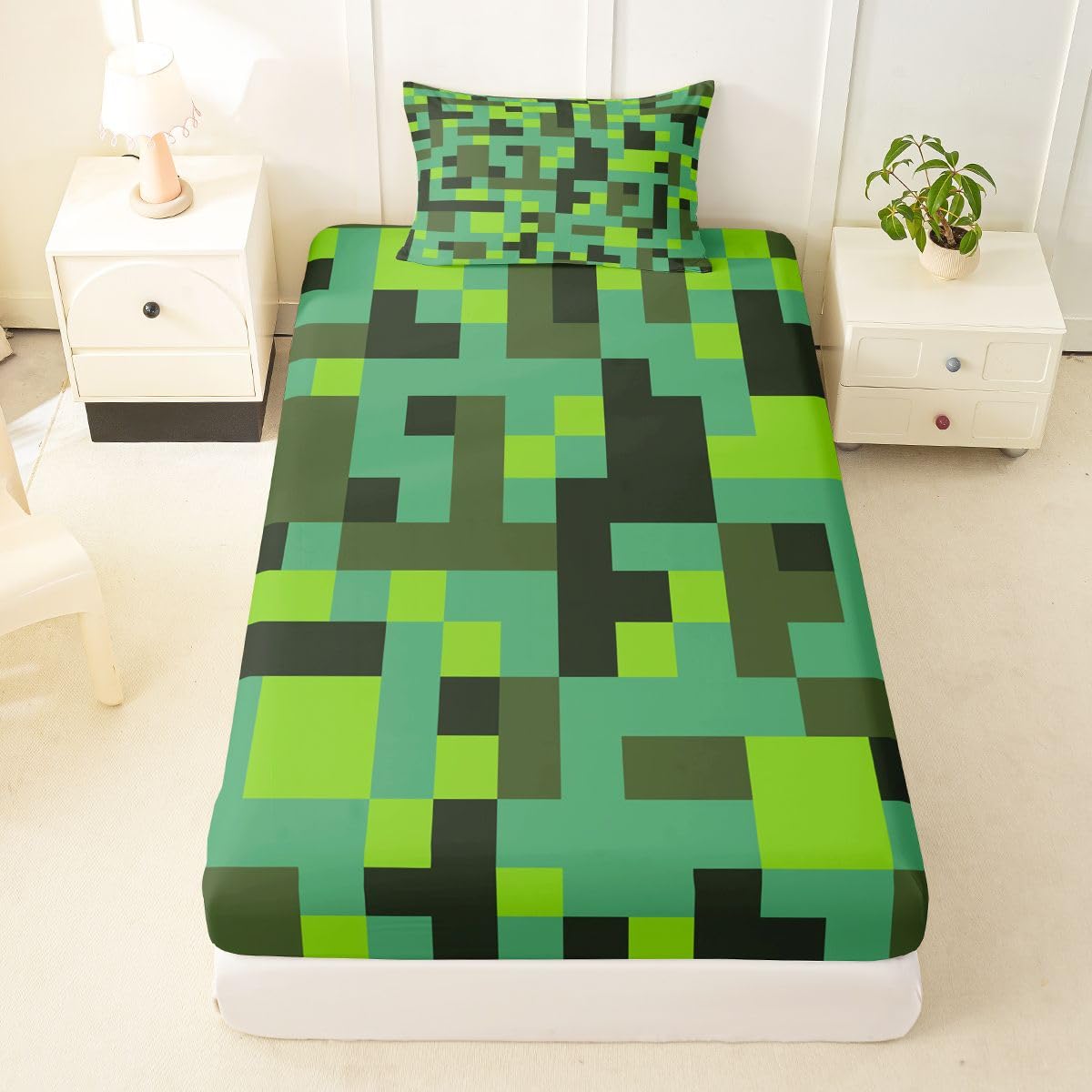 Pixel Grid Miners Kids Twin Size Fitted Sheet,Geometric Grid Patchwork Pixelated Boys Girls Bed Sheets,Cartoon Gamepad Video Games Room Decor,Cyan Green Bedding Set,1 Pillowcase(No Flat)