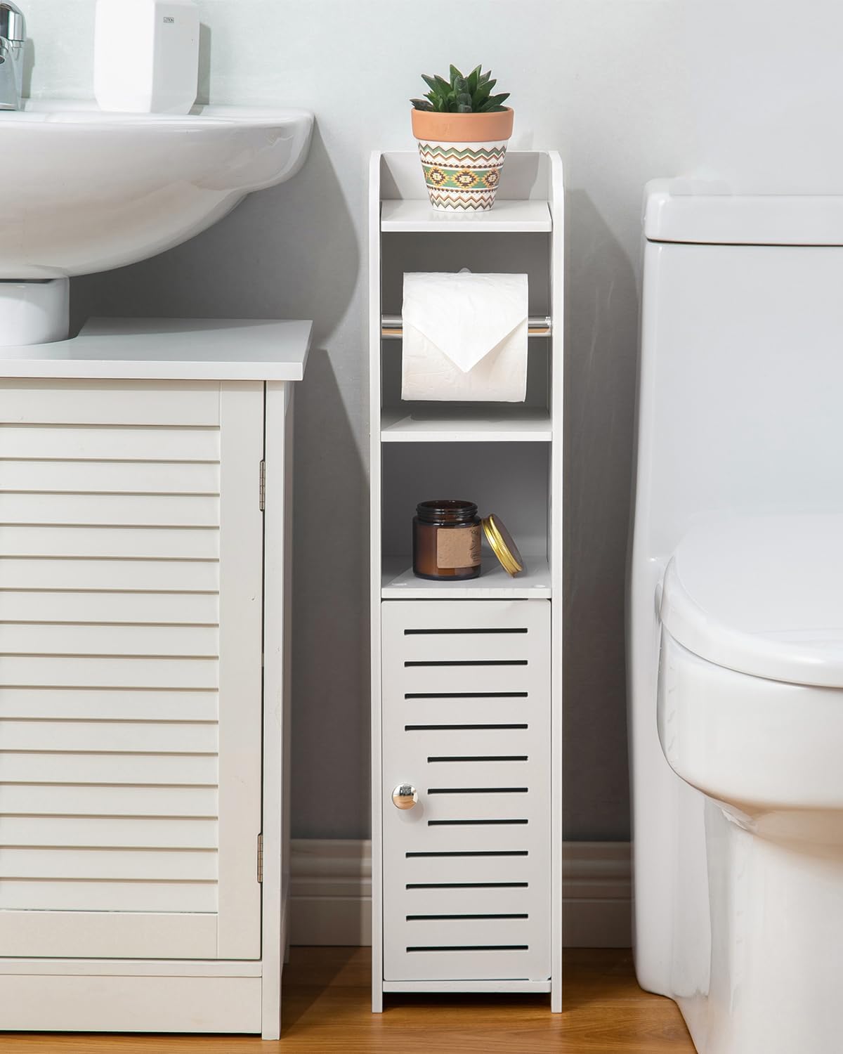 AOJEZOR Toilet Paper Holder Stand | No-Drill PVC Design for Small Bathrooms - Space-Saving Solution