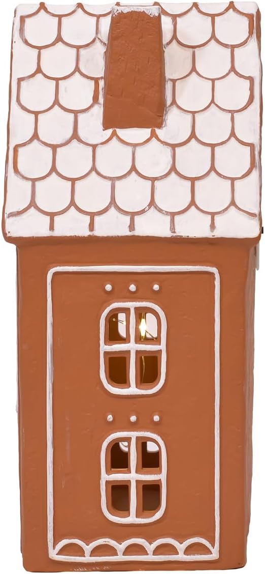 Mark Feldstein & Associates Ceramic Iced Gingerbread Houses - Pre-Lit LED Holiday Village Figurines, Set of 2, 9 Inch