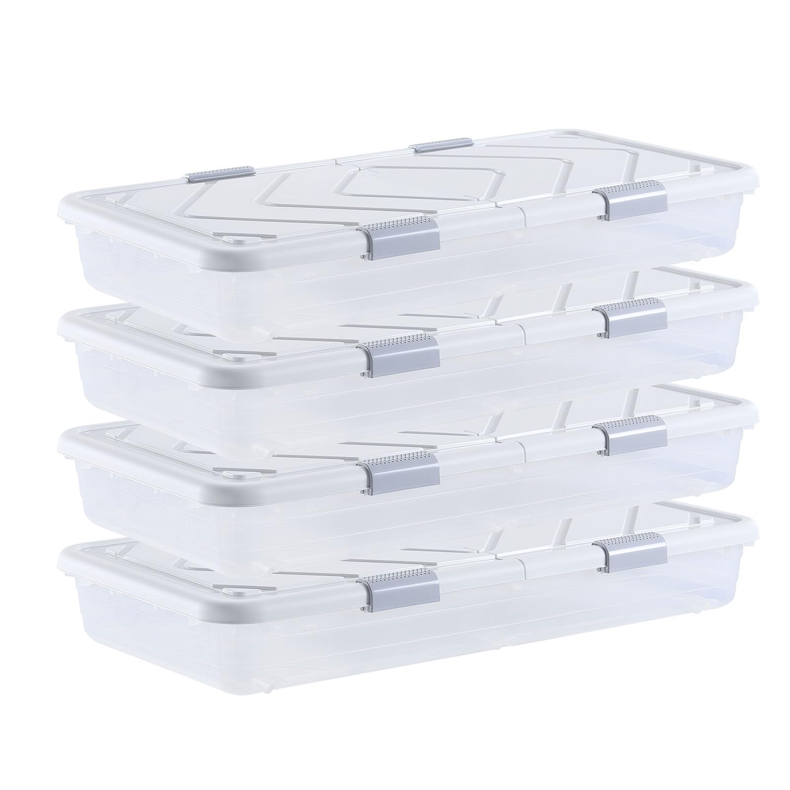 VEVOR Under Bed Storage with Wheels, 31.7 x 15.6 x 6.9 inch Underbed Containers, Underbed Shoes Organizer with Lid & Gray Latch, Rolling Under the Bed Storage Bins for Clothes Shoes Blankets, 4 Pack