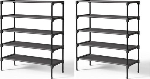 Kitsure Shoe Rack - Stackable Non-Woven Shoe Organizer for Closet & Entryway | 5-Tier, Black, 27.5" Wide (Pack of 2)