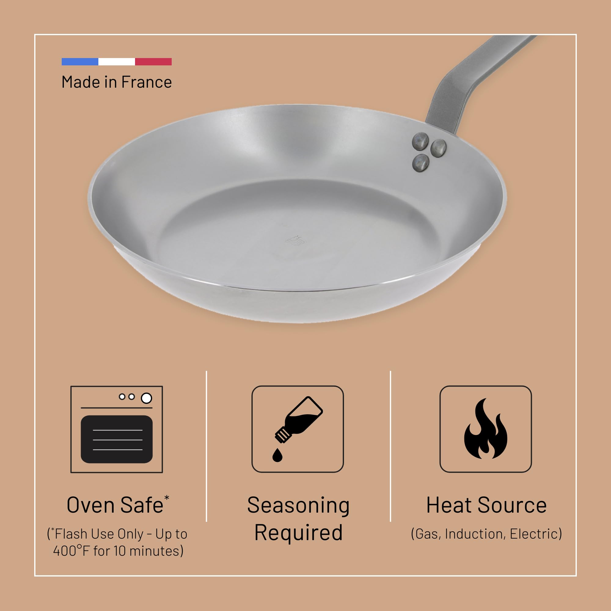 de Buyer MINERAL B Carbon Steel Omelette Pan - 9.5” Diameter, 7.7” Cooking Surface - Naturally Non-Stick Finish - Made in France