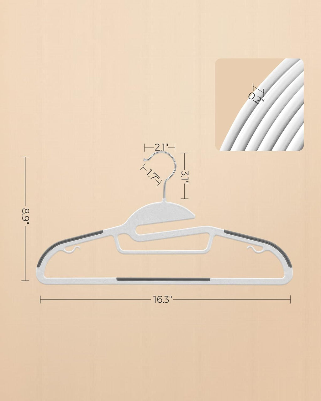 SONGMICS Heavy-Duty Plastic Coat Hangers - Space-Saving Design with 360º Swivel Hook | 16.3 Inches Wide, Cloud White & Dark Gray