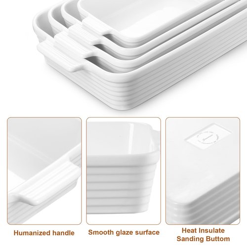 Jassceram Casserole Dishes for Oven, Porcelain Baking Dishes Set of 4, Rectangular Ceramic Casserole Dish with Handles, Deep Lasagna Pan for Kitchen Baking, 9.6" to 15.2", Nesting Design, White