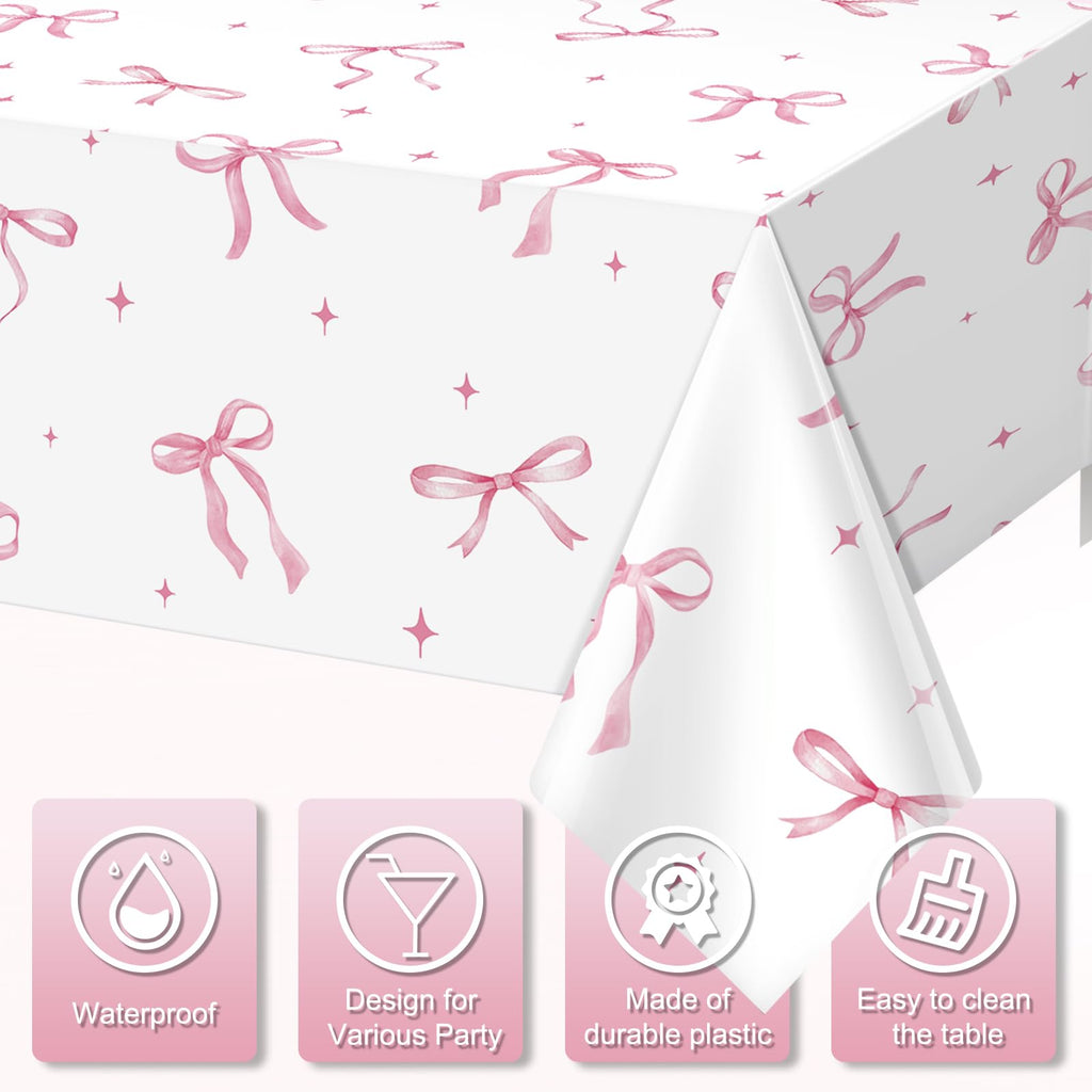 KEASKELL 3Pcs Coquette Party Tablecloths Decorations,Pink Bow Plastic Table Cover Disposable Rectangle Table Cloth for Girls Birthday Bridal Wedding Party Supplies,54x108 Inch