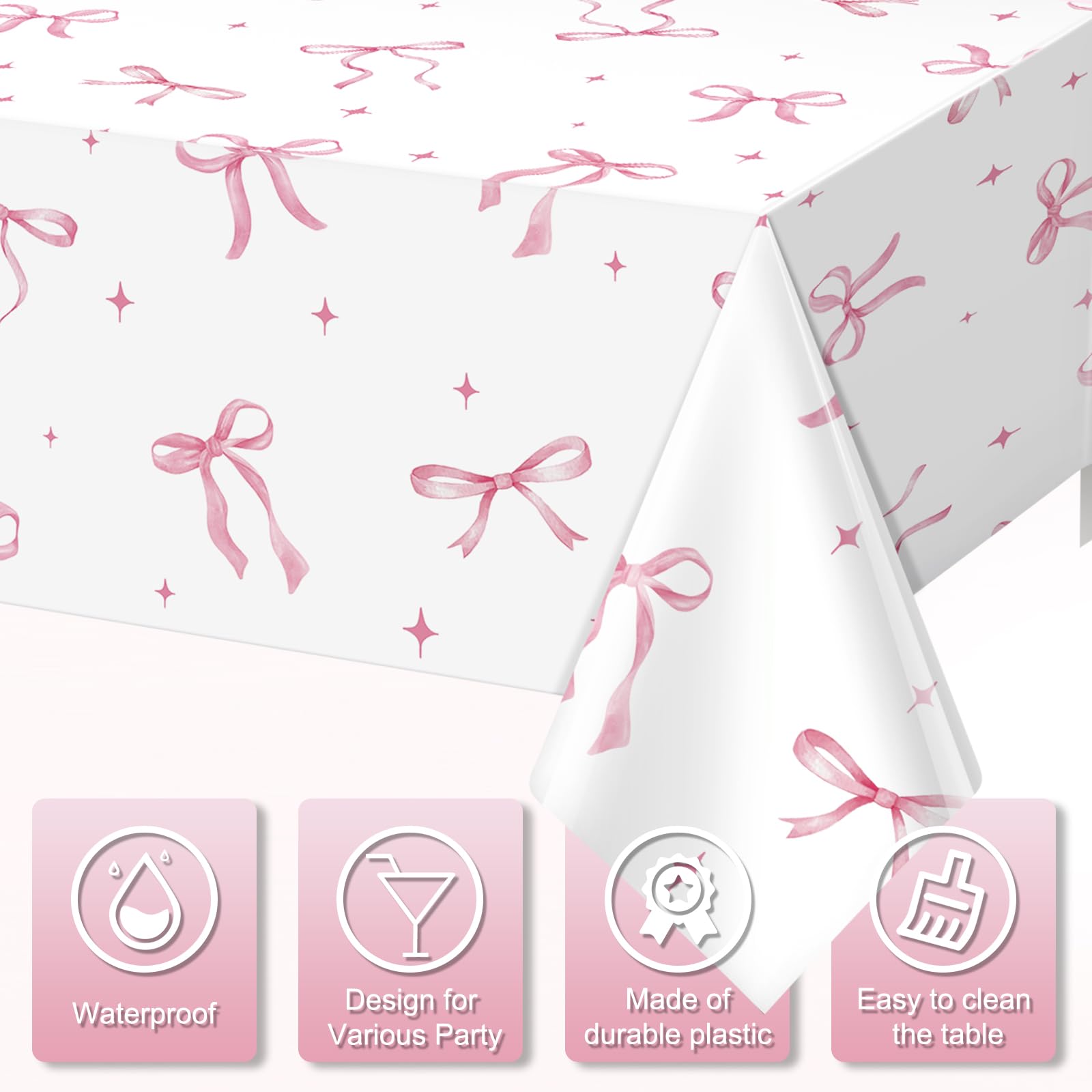 KEASKELL 3Pcs Coquette Party Tablecloths Decorations,Pink Bow Plastic Table Cover Disposable Rectangle Table Cloth for Girls Birthday Bridal Wedding Party Supplies,54x108 Inch