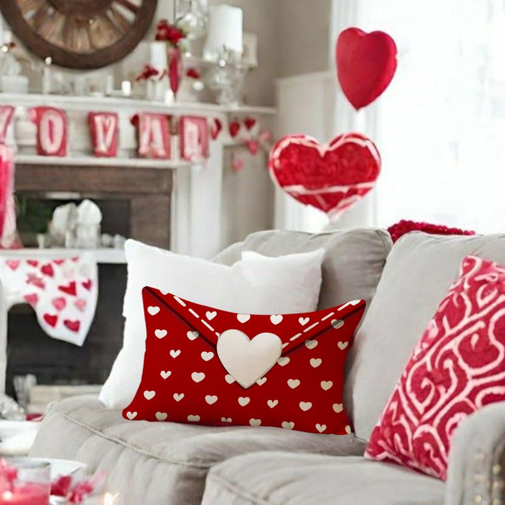 RABUSOFA Valentines Pillow Covers 12x20 inch Valentines Day Decoration Red Love Heart Anniversary Wedding Lumbar Throw Pillowcase for Couch Home Decor Red