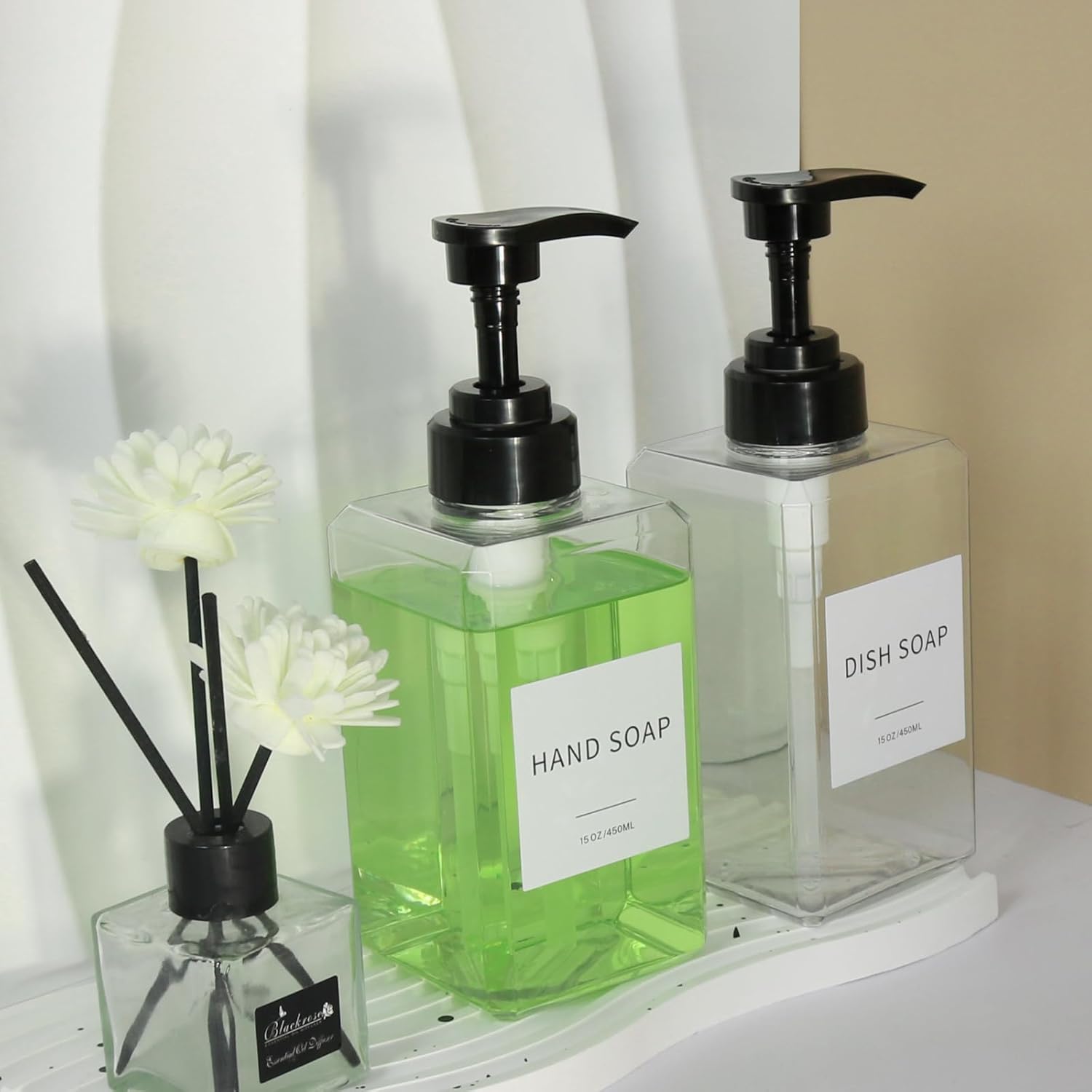 Skiennix Clear Soap Dispenser - Waterproof Labels & Thickened Plastic | 15oz 2-Pack for Kitchen & Bathroom