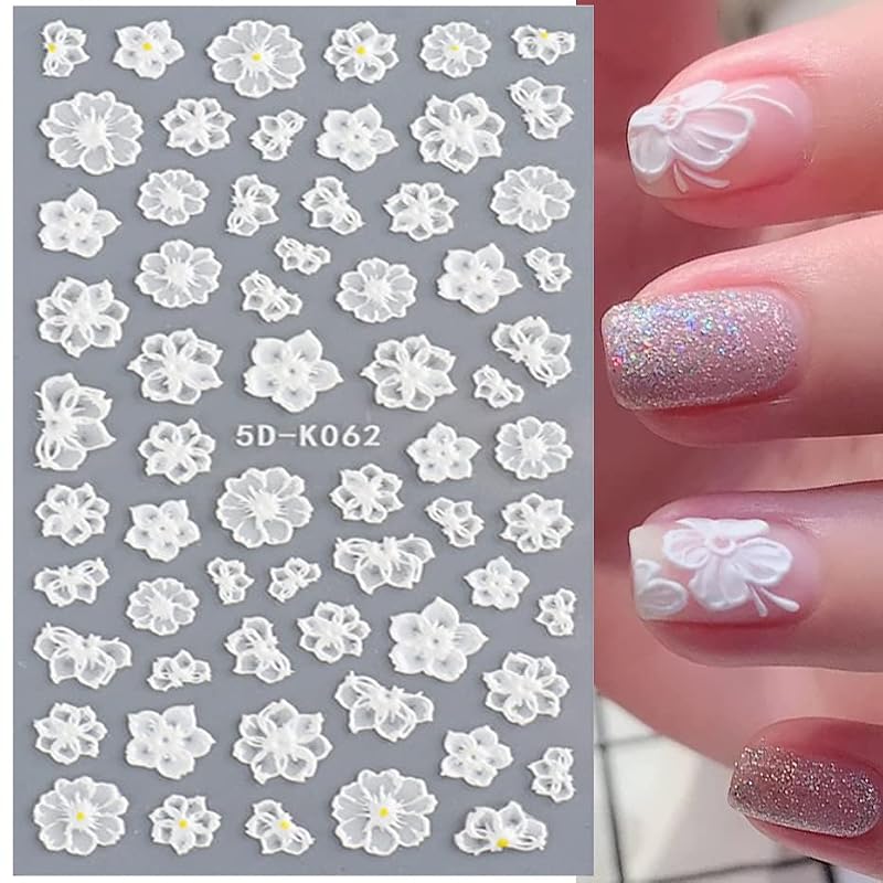 5D White Flower Nail Art Stickers Holographic Embossed Floral Decals