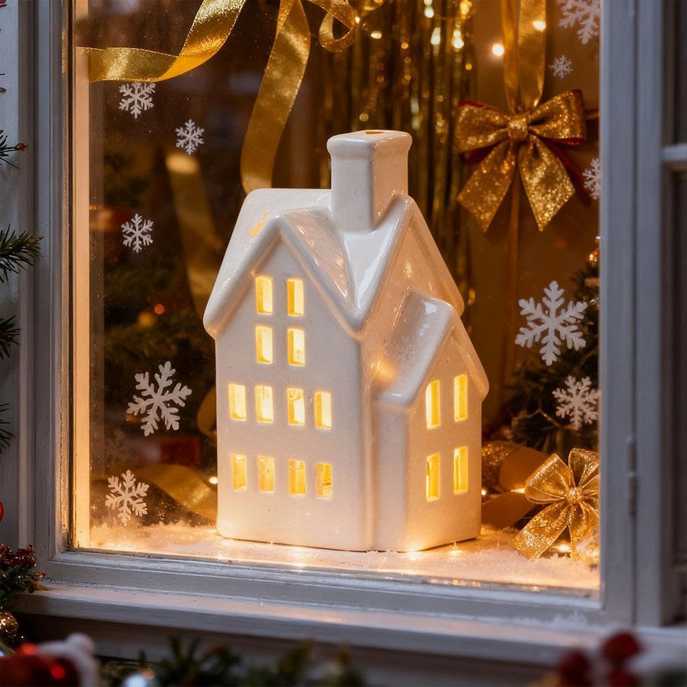 Skiennix Christmas Village House - Light Up White Ceramic Decor for Tabletop Centerpiece (Green)