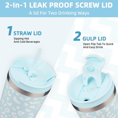 BJPKPK 22oz Insulated Stainless Steel Travel Coffee Mug - Light Blue Leopard Design
