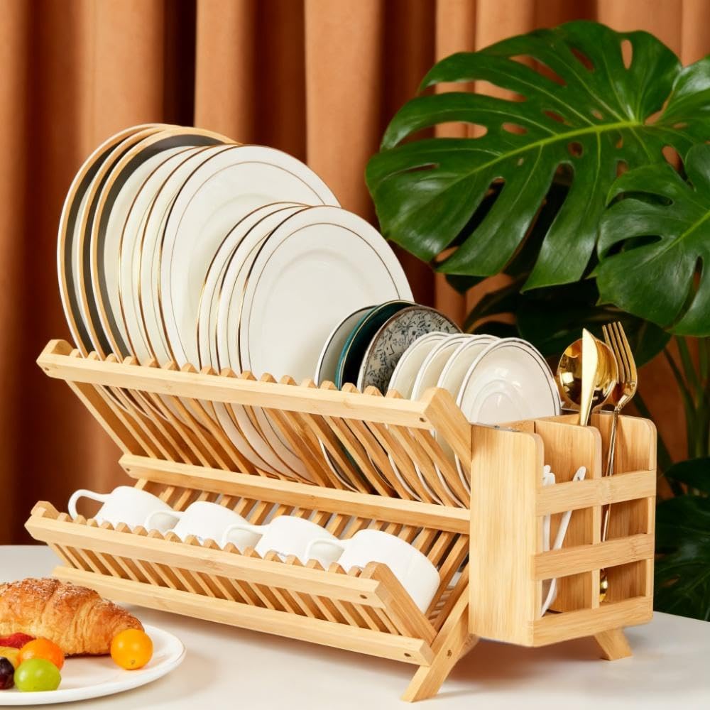 QUEENKAY Dish Drying Rack Collapsible 2-Tier Bamboo Dish Rack for Kitchen Counter Wooden Dish Drainer with Foldable Space-Saving Design for Dishes, Plates, and Cups