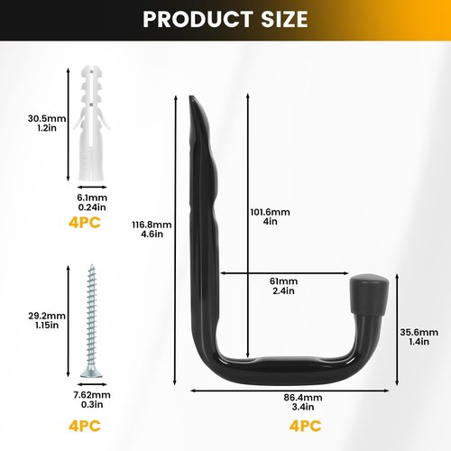 GURADESIGN Heavy Duty Garage Hooks - 8-Pack Utility Hooks for Hanging Up to 50 lbs | Black Metal Wall Hooks