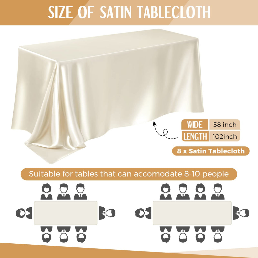 Lounsweer 8 Packs Satin Tablecloth 102 x 58 Inches Rectangle Table Cover Silk Smooth Fabric Party Table Cloth for Rectangle Parties, Holiday Dinner Wedding Banquet Decoration(Ivory)