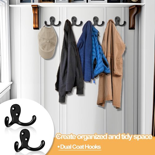 CBWLWJ Heavy Duty Double Prong Coat Hooks - 10 Pack Wall Mounted Metal Hooks for Home Use | Black