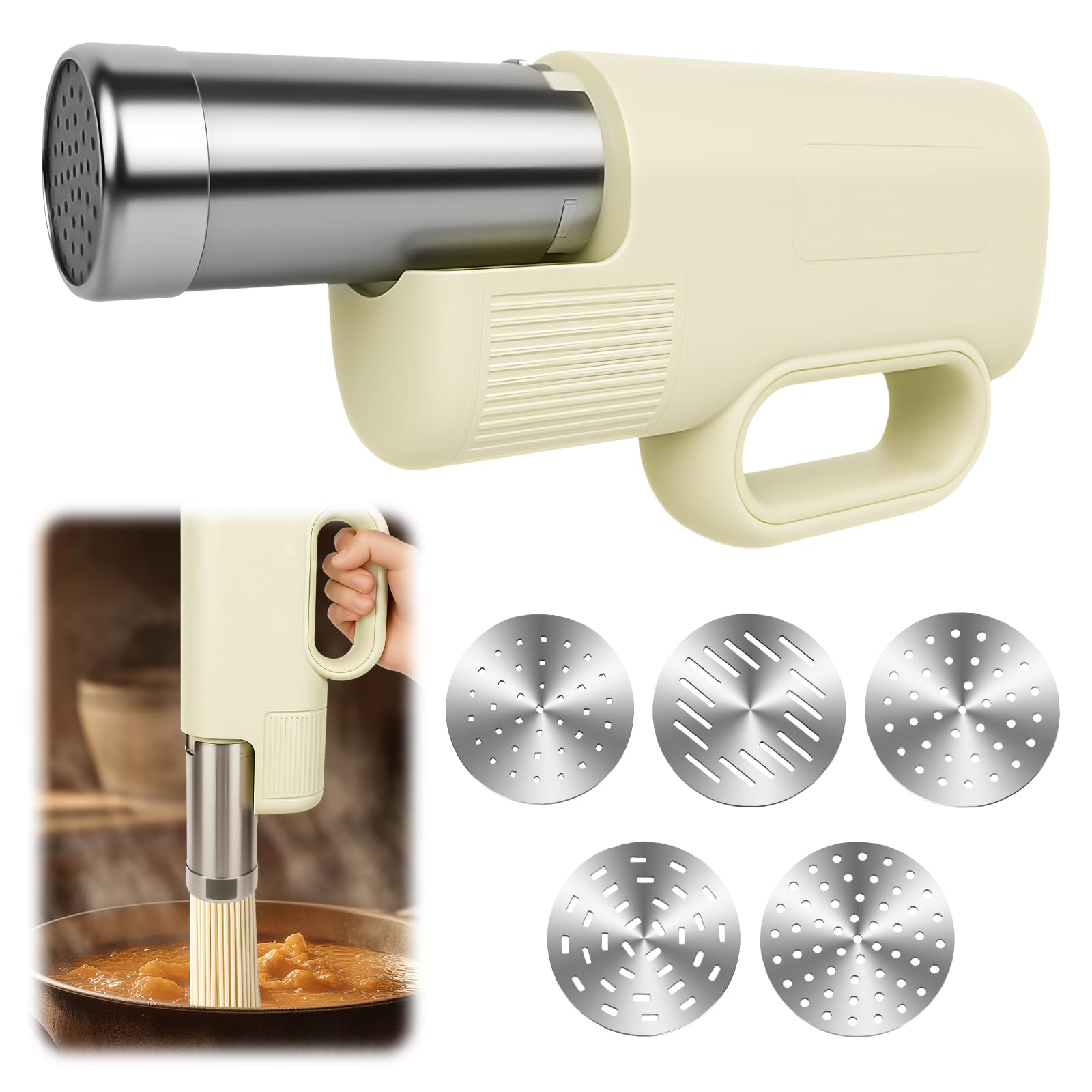 Aroeally 5 In 1 Automatic Electric Pasta Maker - Handheld Pasta Maker Machine for Homemade Pasta, DIY Appam, Idiyappam, Cordless Noodle Maker with Ergonomic Grip for Home, Breakfast Store, Restaurant