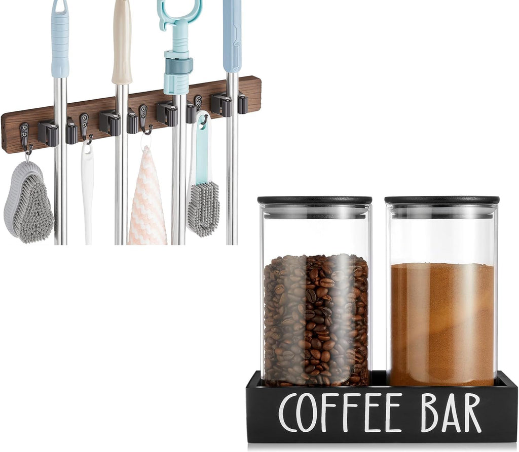OUTNILI Broom Holder Wall Mount | Versatile Storage Solution with Coffee Canister Set