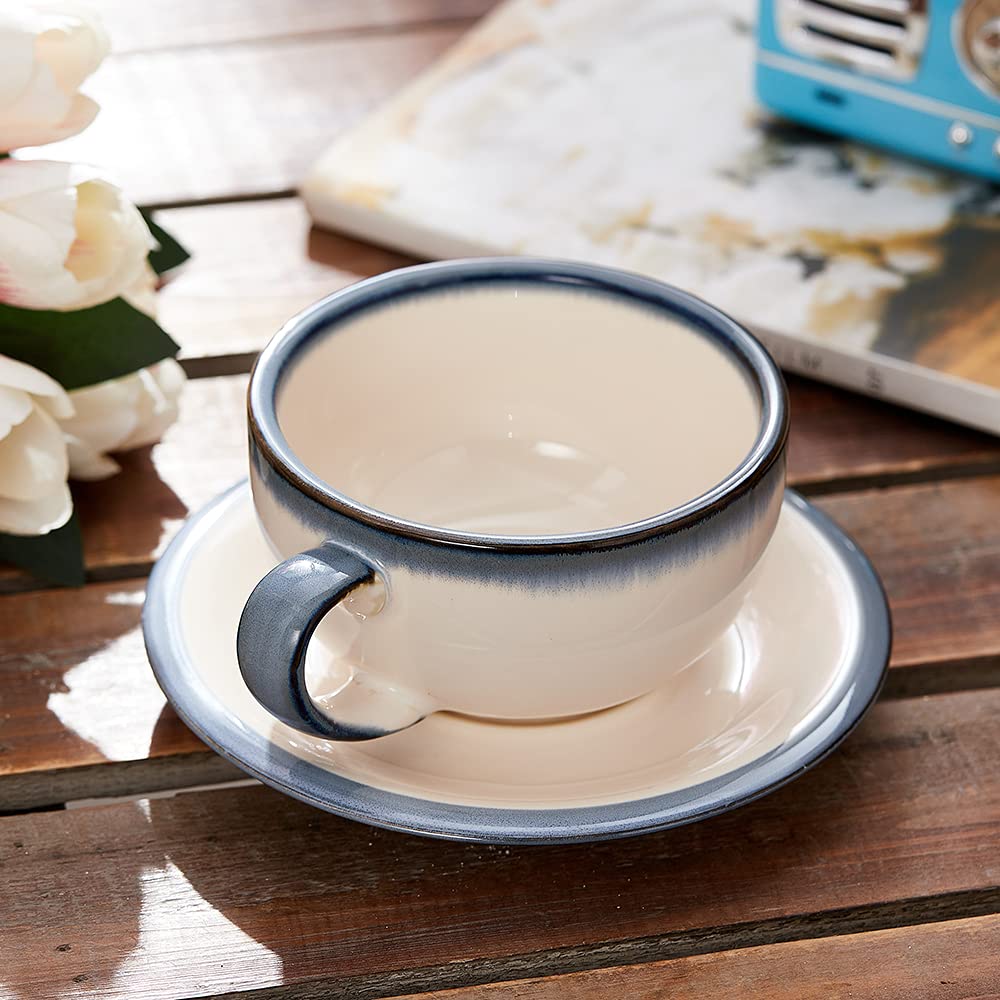 Coffeezone Vintage Design 12 oz Ceramic Latte Art Cappuccino Barista Cup with Saucer (Fog Grey)