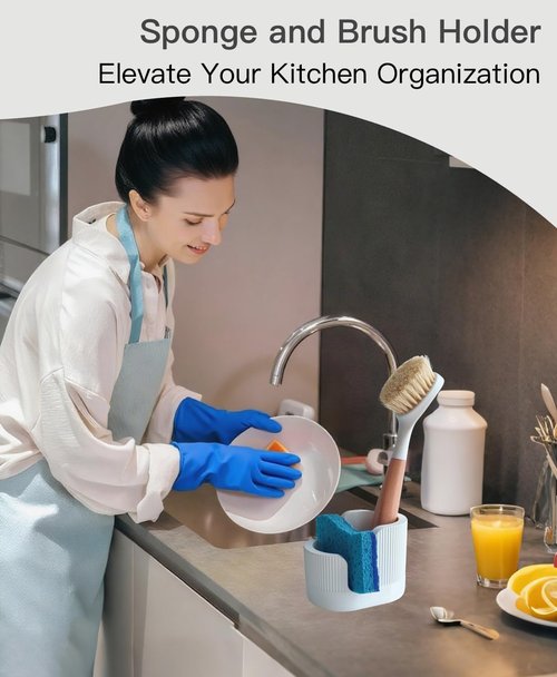 BekPooQ 2-in-1 Diatomite Sponge Holder for Kitchen Sink, Quick-Drying Dish Sponge and Brush Holder, Dish Wand Holder, Diatomite Stone Sink Tray, Ultra Absorbent Sinks Caddy Organizer,White