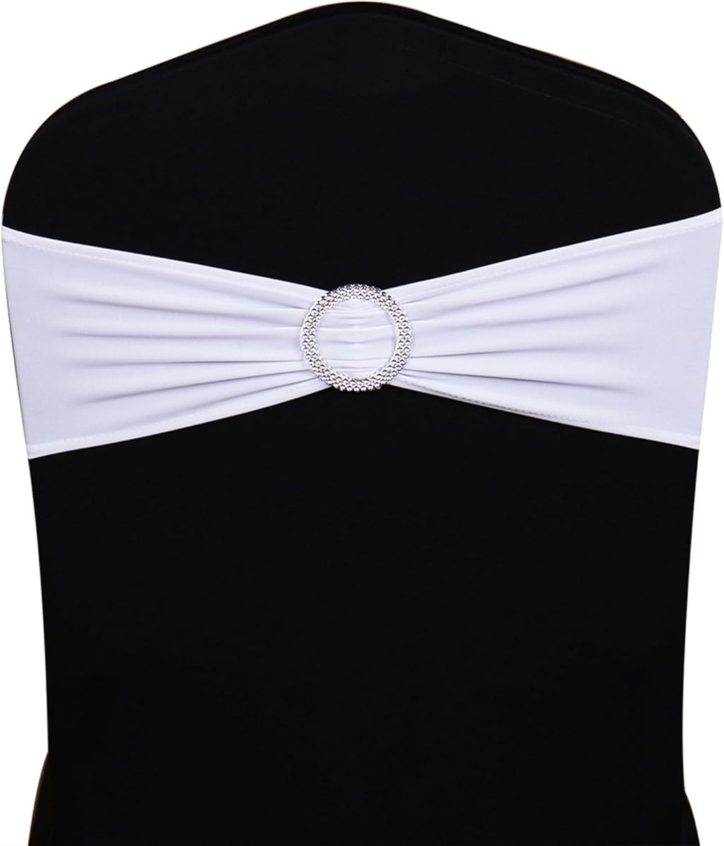 Skiennix White Spandex Chair Sashes - Pack of 50 Stretch Bands for Weddings & Events