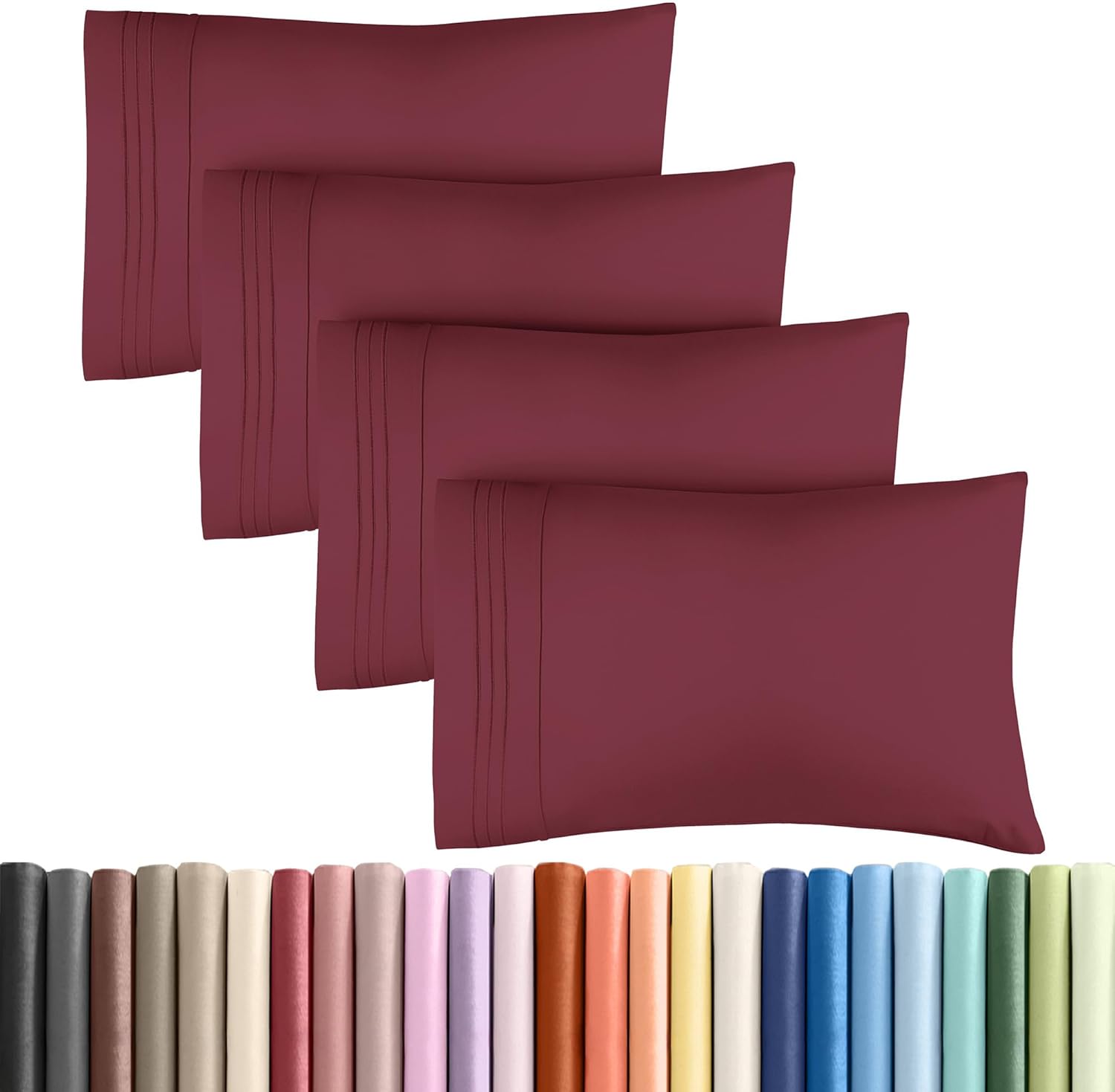Queen Pillow Cases Set of 4 - Ultra Soft Hotel Quality Covers | Wrinkle-Free, Stain & Fade Resistant - Burgundy