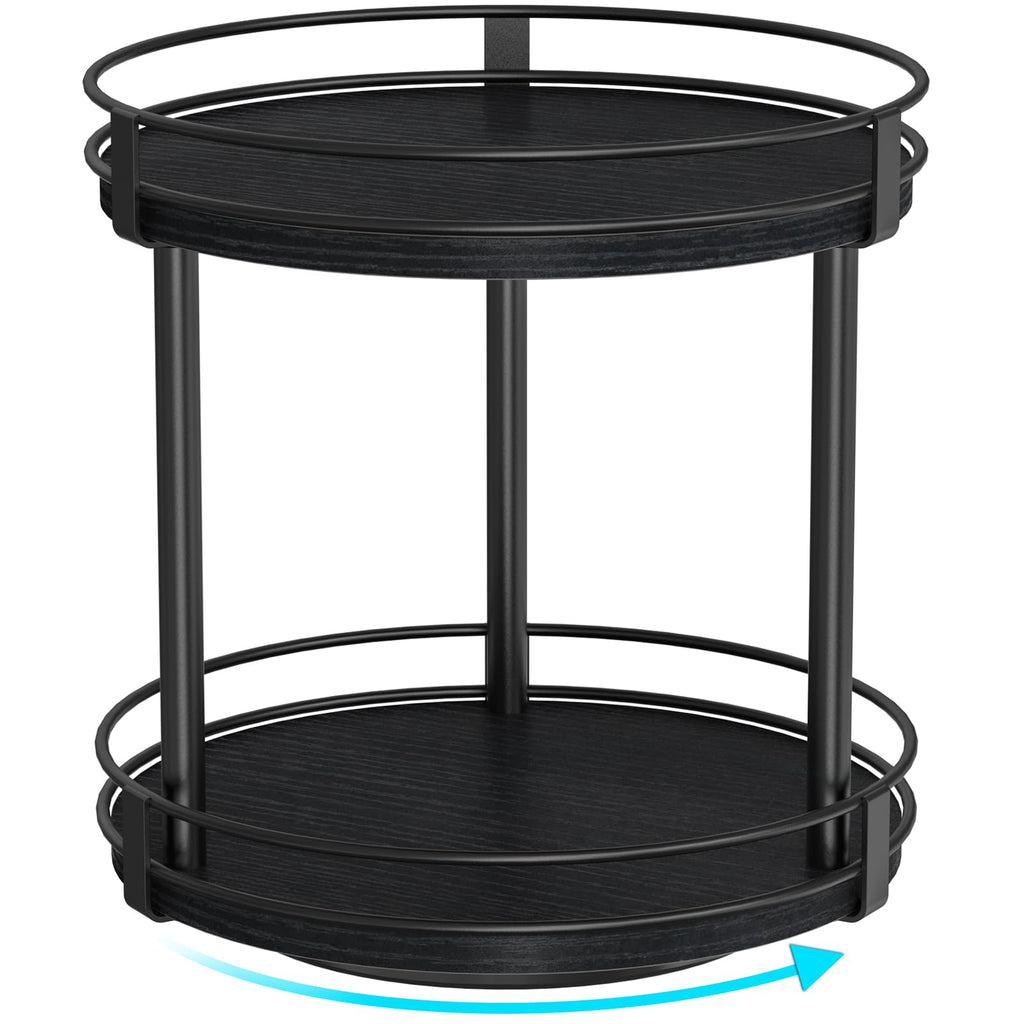 Snughome Lazy Susan Spice Rack, 2 Tier Rotating Spice Rack, Wood Lazy Susan Organizer for Cabinet, Black Kitchen Counter Shelf, 10.2" x 10.2" x 10.4"