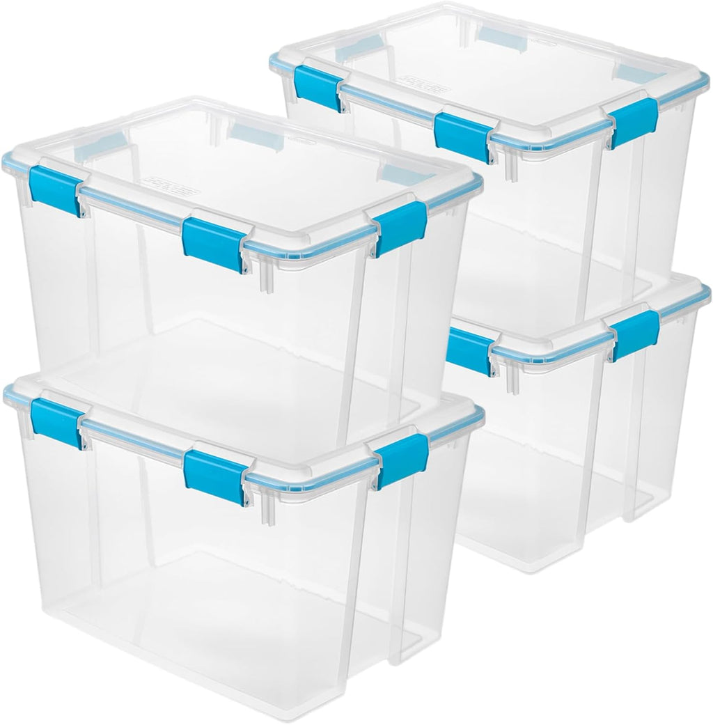 Sterilite 4-Pack Gasket Box - Weather-Resistant 80 Quart Storage Bins with Latching Lids for Organizing
