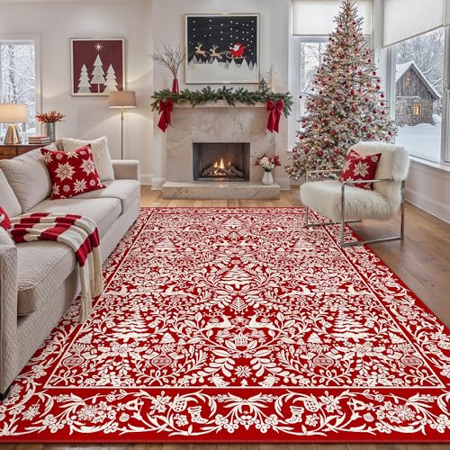 Red Christmas Area Rug 8x10 Reindeer Non Slip Washable Holiday Carpet - Reindeer | Red / 8' x 10'