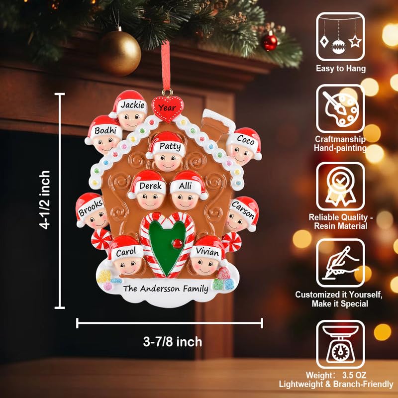 Personalized Gingerbread Family Ornament for 10 - Christmas Keepsake with Hand-Painted Resin Craftsmanship - 10 Heads Variation