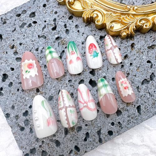 Green Plaid French Tip Press on Nails Medium Almond Fake Nails with Pearls