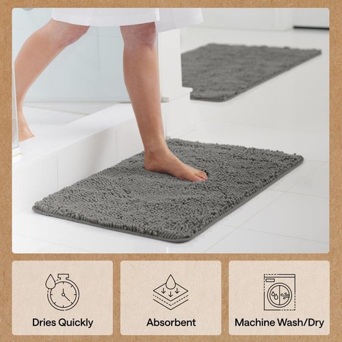 GORILLA GRIP Bath Rug Mat - Soft Absorbent Chenille | Quick Dry Microfiber, 48x17, Charcoal