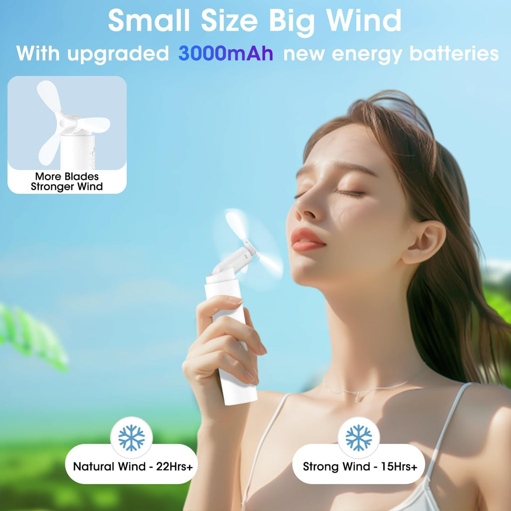 OLV Handheld Mini Fan - Portable Rechargeable 3000mAh Battery | 22+ Hours Runtime, Foldable Design - White