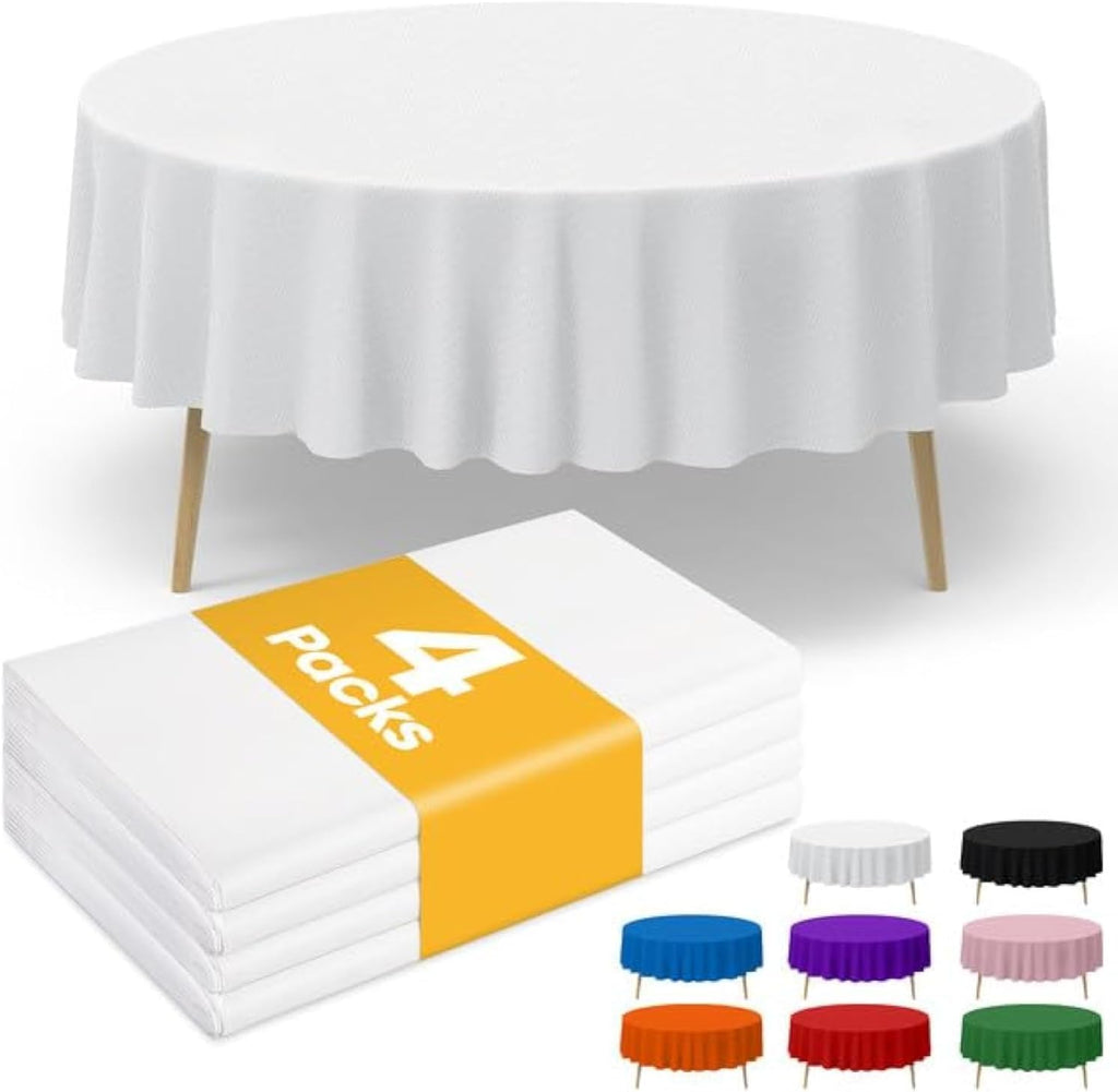 Niuara White Plastic Tablecloths - 84" Round Disposable Covers for Holiday Parties | 4 Pack