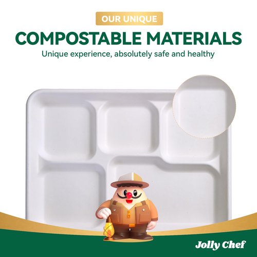 JOLLY CHEF Compostable 𝟱 Compartment Paper Plates 𝟭𝟭 * 𝟴 𝗶𝗻𝗰𝗵 [𝟱𝟬𝟬 𝗣𝗮𝗰𝗸] Heavy Duty White Divided Disposable Plate Eco-Friendly Biodegradable Food Trays for Party Lunch Dinner Christmas