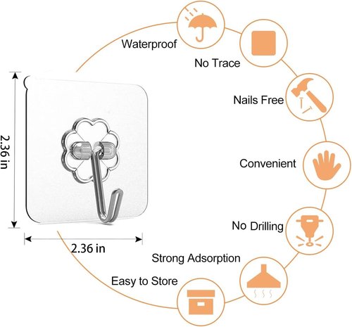 Adove Heavy Duty Adhesive Hooks - 20 Pack Transparent Self-Adhesive Wall & Ceiling Hooks | 22lb Max Capacity