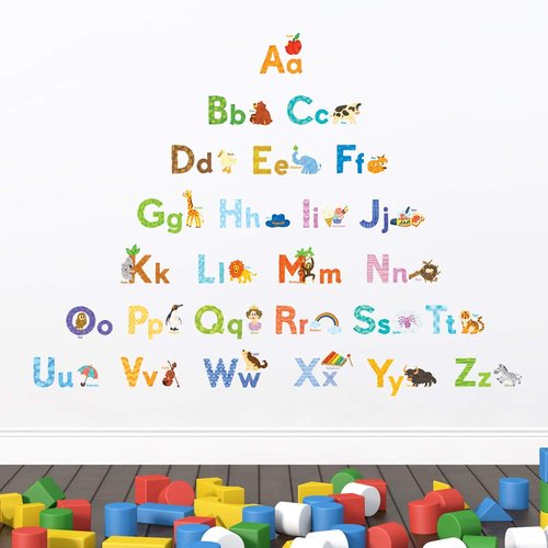 DECOWALL DS8-1608 Watercolour Animal Alphabet ABC Kids Wall Stickers Decals Peel and Stick Removable for Nursery Bedroom Living Room Art murals Decorations